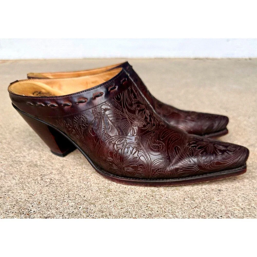 Charlie 1 Horse Brown Floral Embossed Leather Pointed Toe Mule Heels 8.5B
